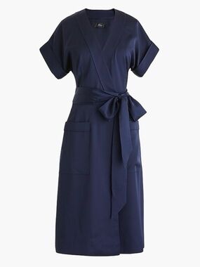 J.Crew Short-Sleeve Wrap Dress in satin-navy crepe Small